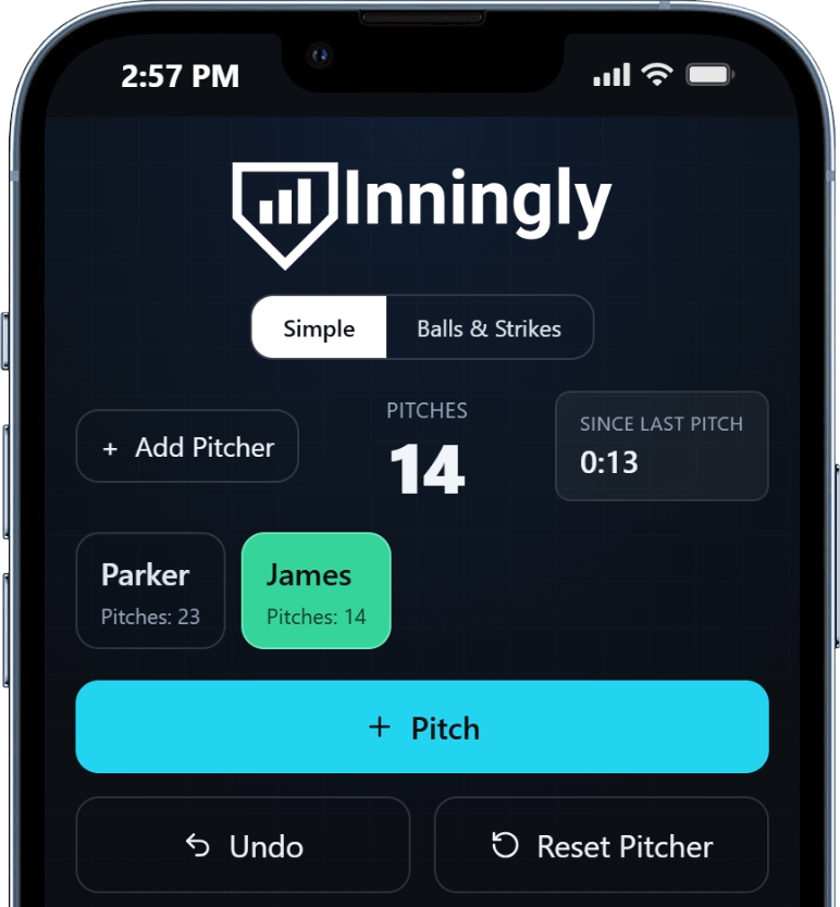 Inningly free Pitch Counter tracking multiple pitchers on an iPhone